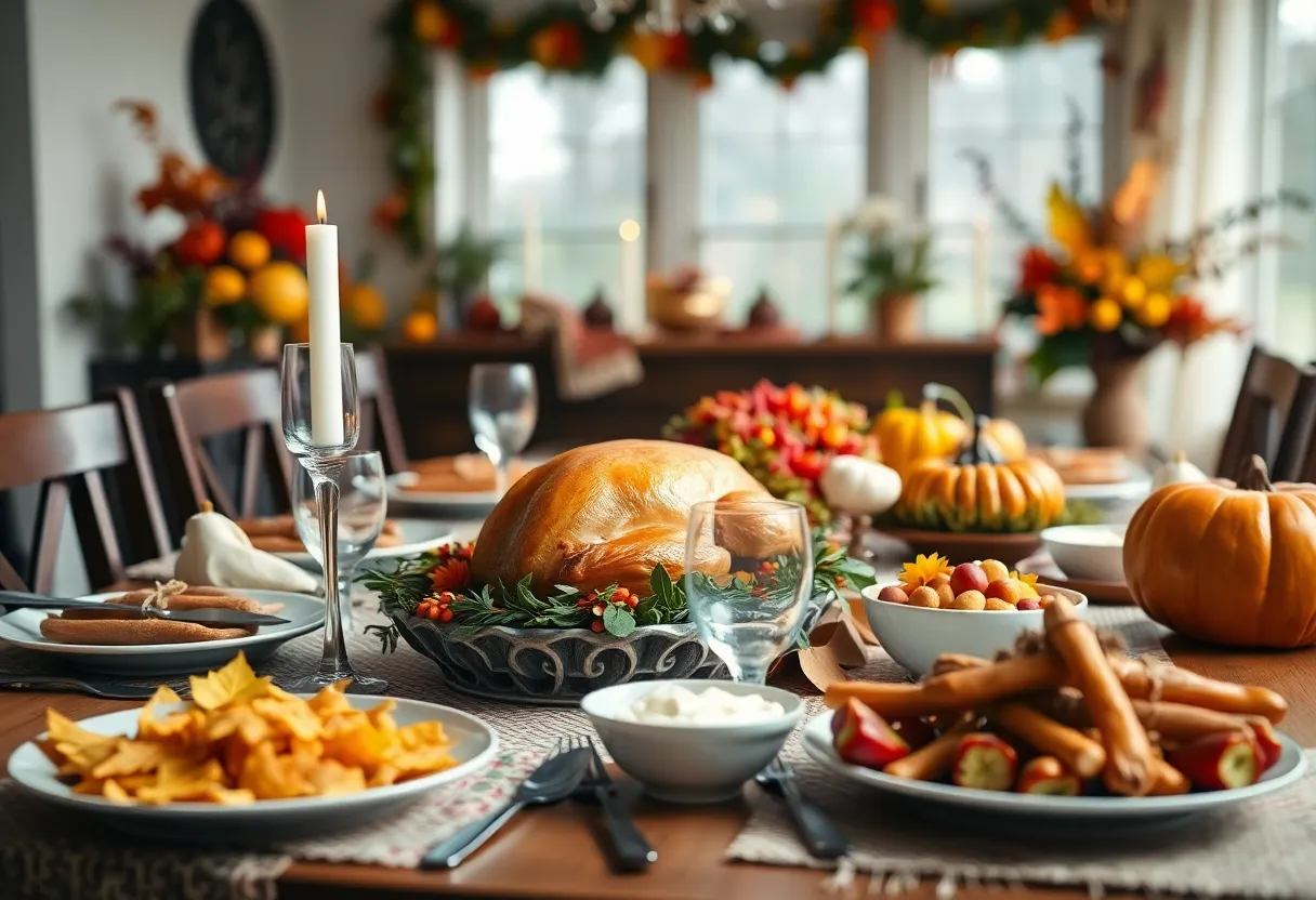 A festively decorated Thanksgiving dinner table with food.