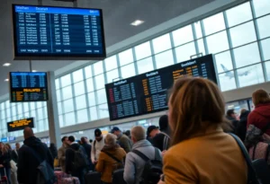 Airport terminal with travelers during Thanksgiving facing weather-related challenges.