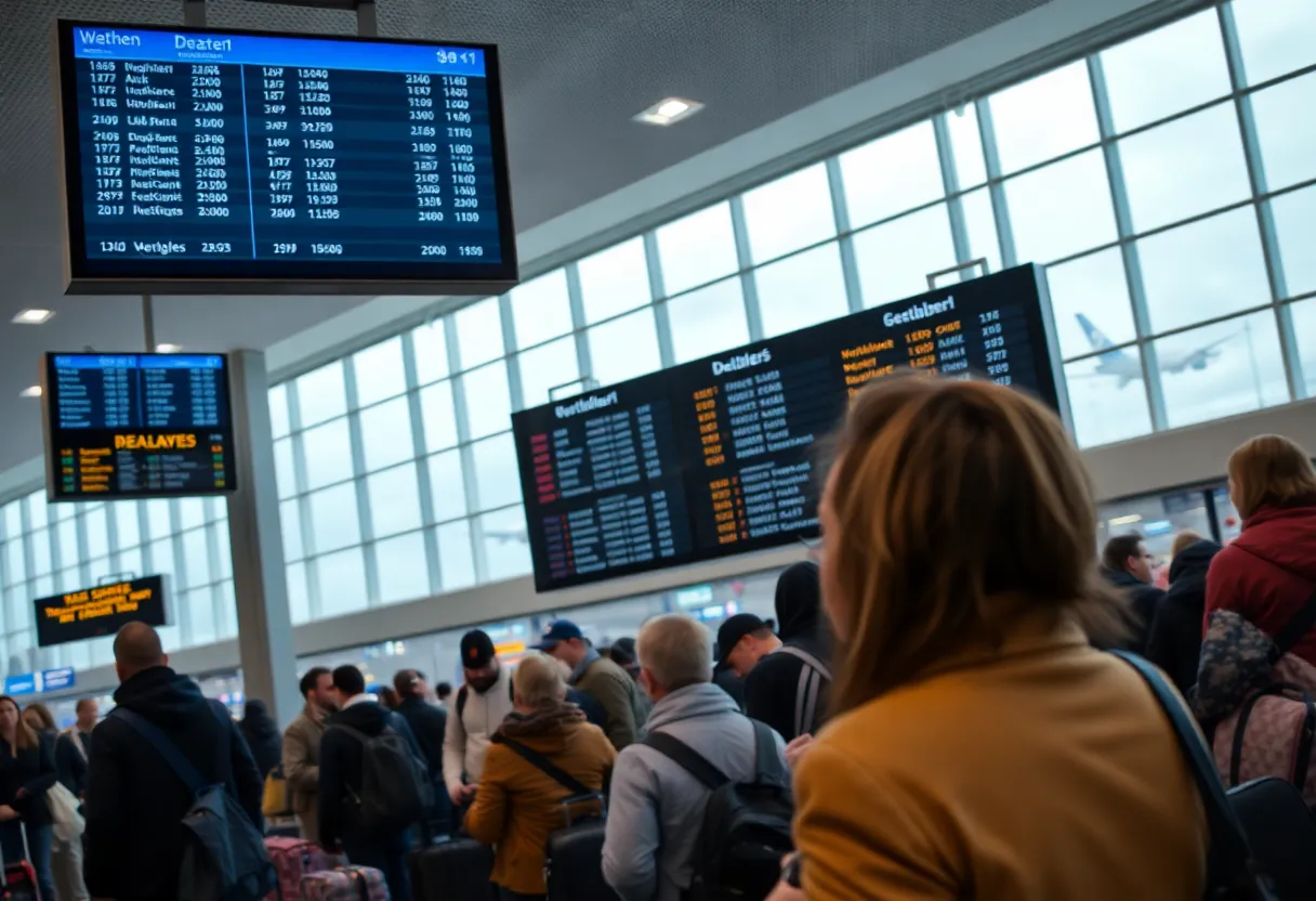 Airport terminal with travelers during Thanksgiving facing weather-related challenges.