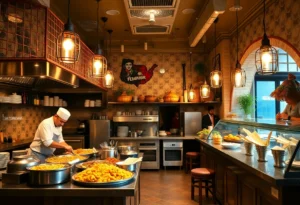 Interior view of The Dough Show with chefs at work in an open kitchen