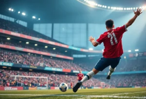 Soccer player taking a long-range shot during a match