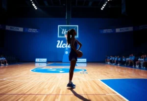 Silhouette of athlete on a basketball court highlighting strength and teamwork.