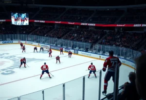 Hockey players competing in a match