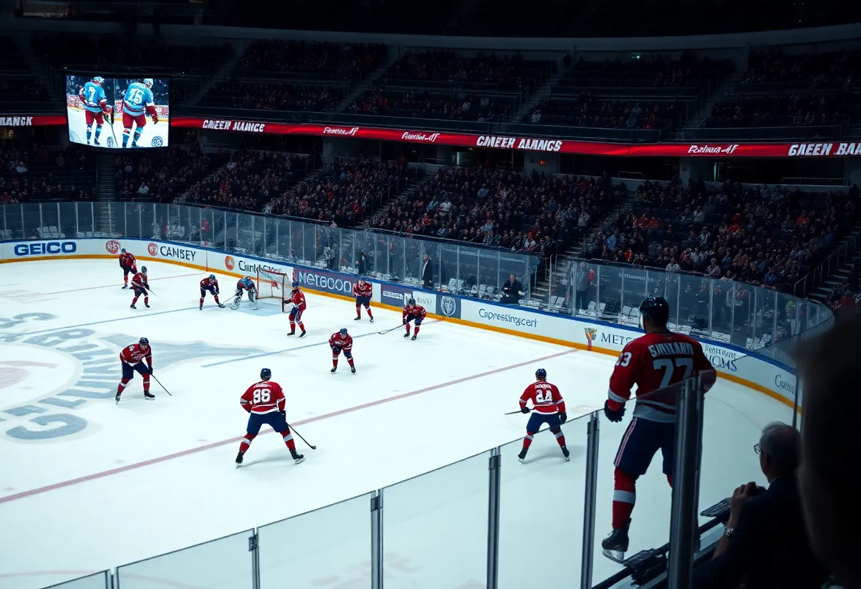 Hockey players competing in a match