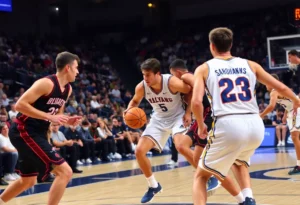 Basketball players in an intense game situation with a close score.