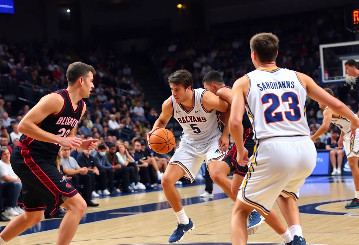 Basketball players in an intense game situation with a close score.