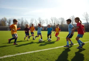 Children playing soccer on a mini-field promoting inclusivity