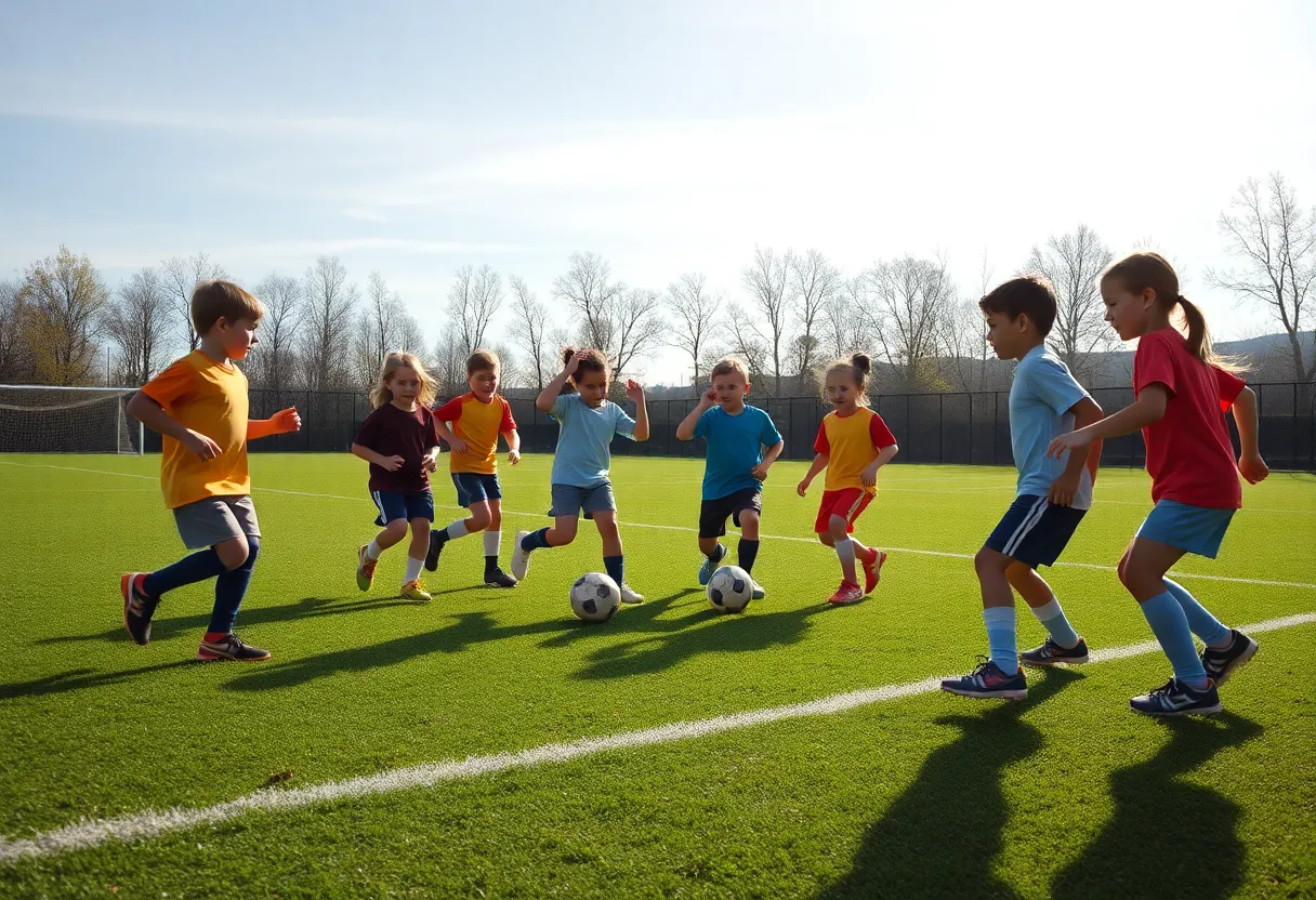 Children playing soccer on a mini-field promoting inclusivity