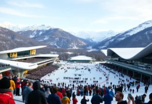 View of the Winter Olympics venues with snow-capped mountains in Italy
