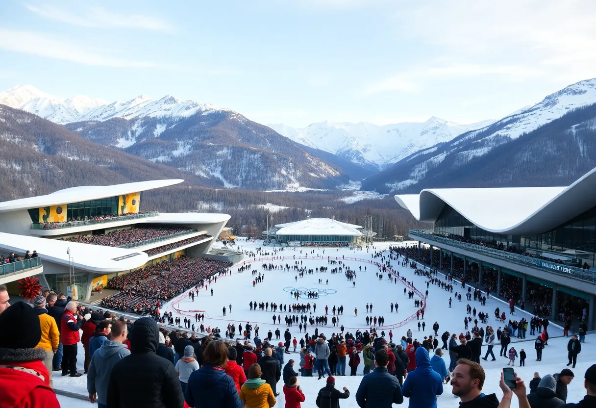 View of the Winter Olympics venues with snow-capped mountains in Italy
