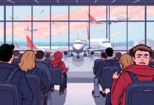 Illustration of an airport with grounded planes and unhappy passengers