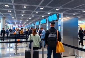 Travelers passing through an airport security checkpoint