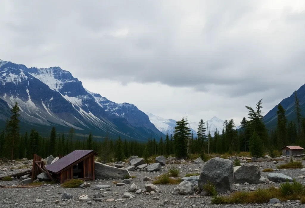 Landscape of the earthquake-hit region near Alaska and Canada with a mountainous background.