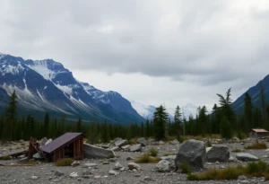 Landscape of the earthquake-hit region near Alaska and Canada with a mountainous background.