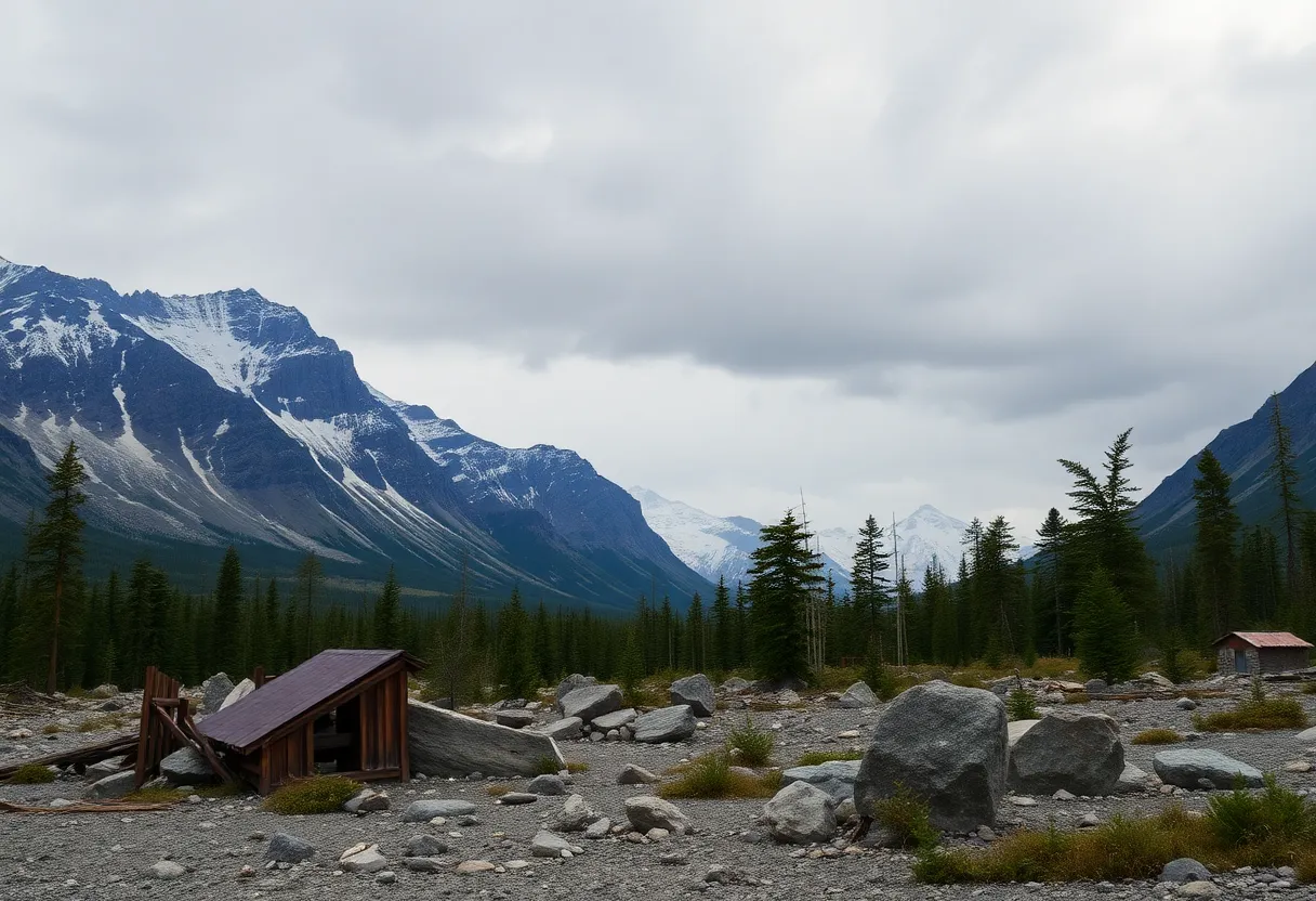 Landscape of the earthquake-hit region near Alaska and Canada with a mountainous background.