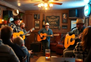 Band performing live at a restaurant with an audience enjoying the show.