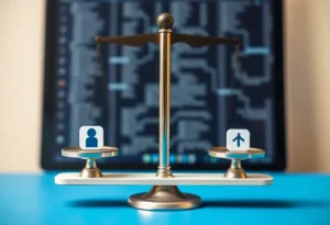 Illustration of app tracking and privacy with balance scale