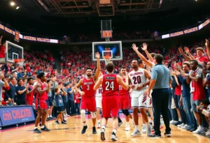 Arizona Wildcats players celebrate on the basketball court after a victory.