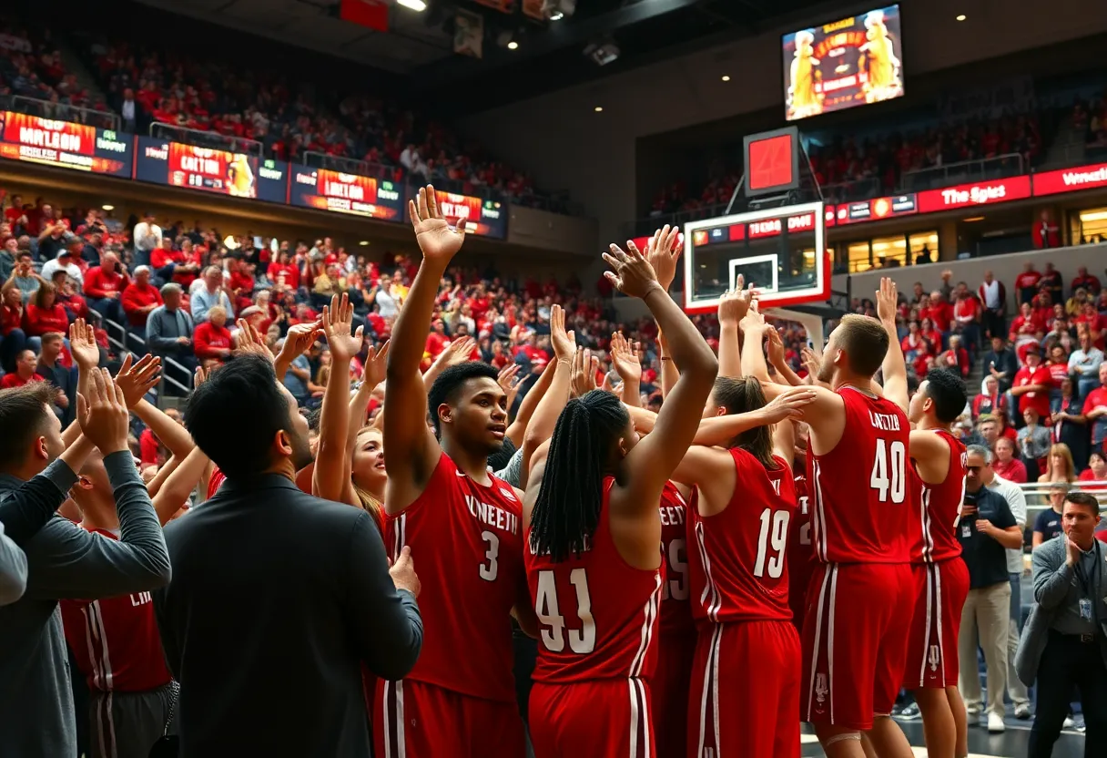 Arkansas Razorbacks players celebrating victory on the court