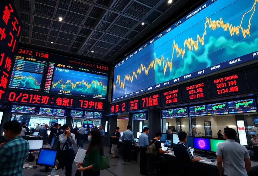 Image showing a busy Asian stock exchange with rising stock charts.