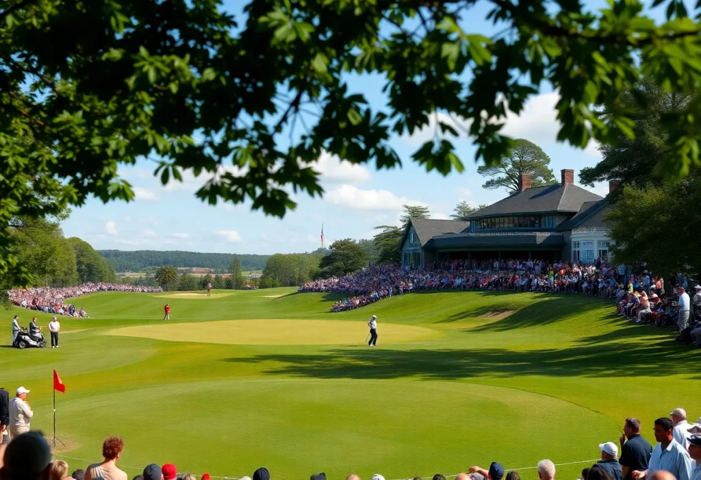 Golf championship at the Australian Open with golfers and spectators.