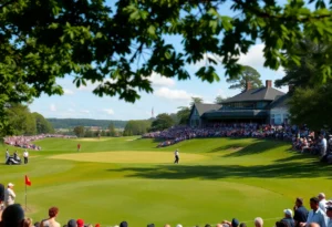Golf championship at the Australian Open with golfers and spectators.