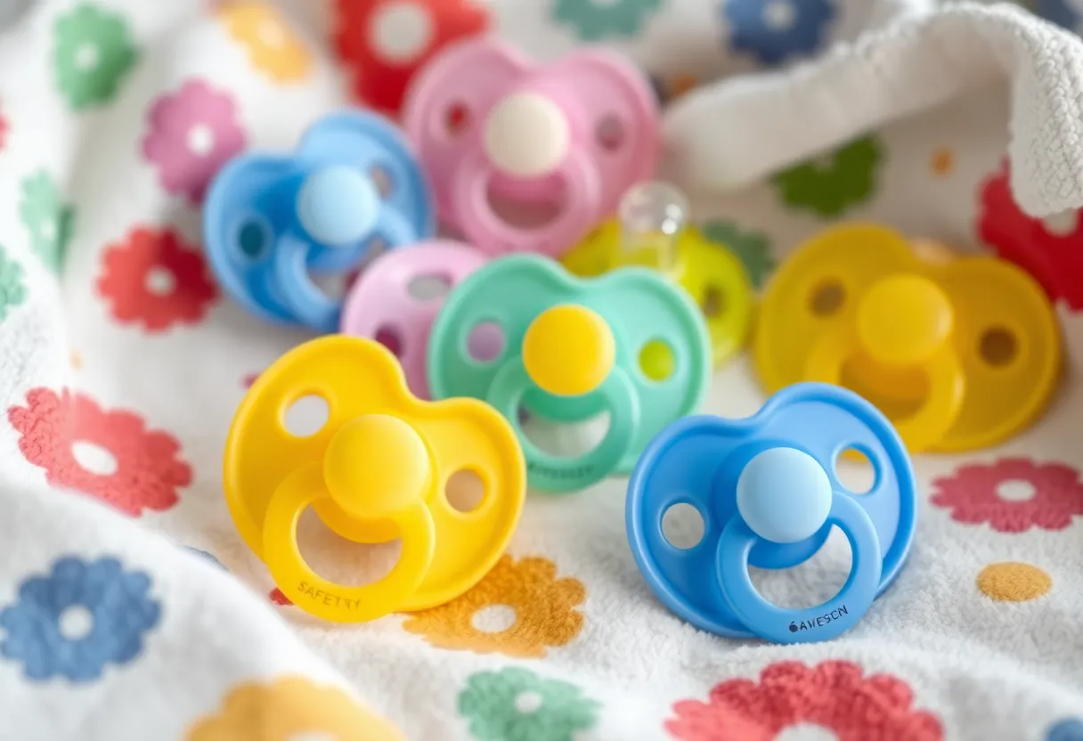 Various baby pacifiers highlighting safety features