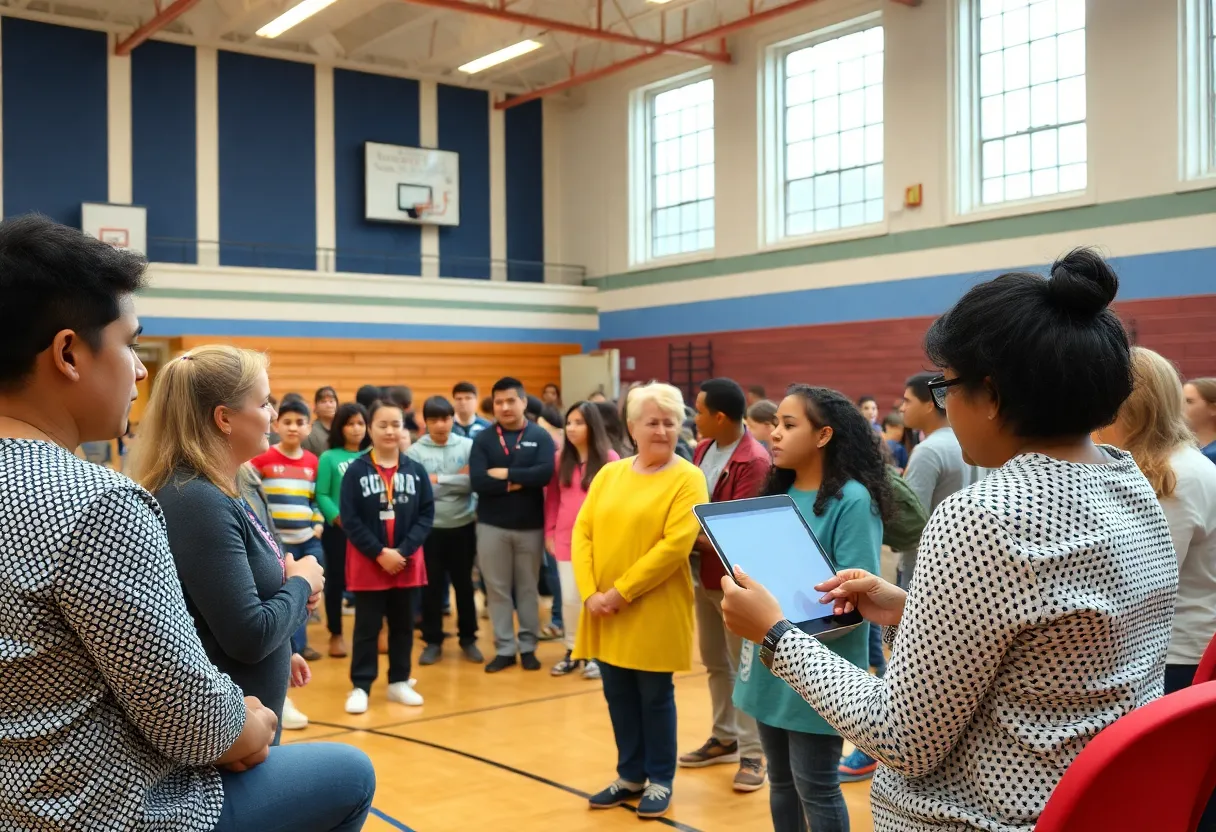 Families engaging in online safety discussions at an event