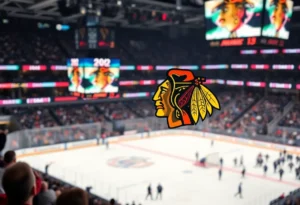 Crowd at a Chicago Blackhawks game with a focus on the Blackhawks logo