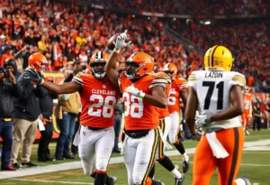 Cleveland Browns players celebrating their victory over the Pittsburgh Steelers