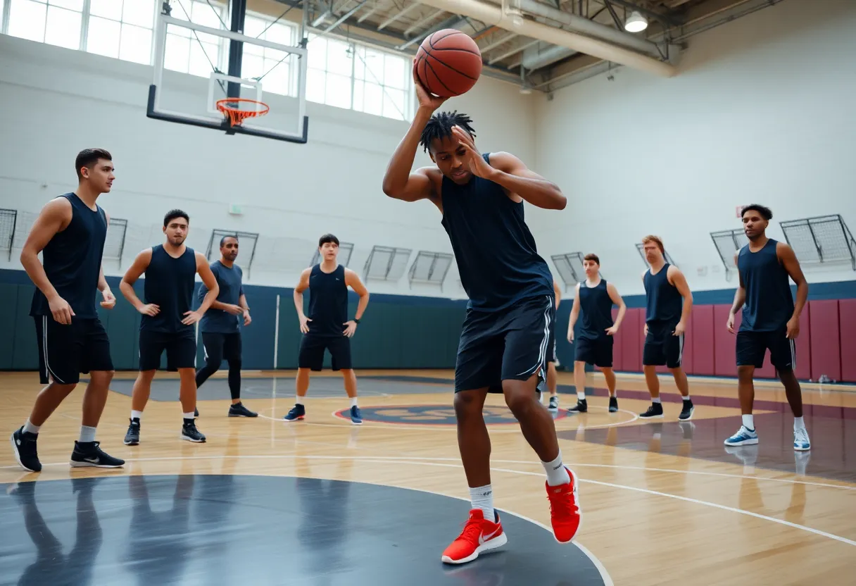 Athletes training on a basketball court