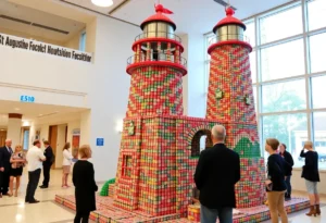 A 15-foot tall canned food sculpture resembling the St. Augustine Lighthouse made from soup cans.