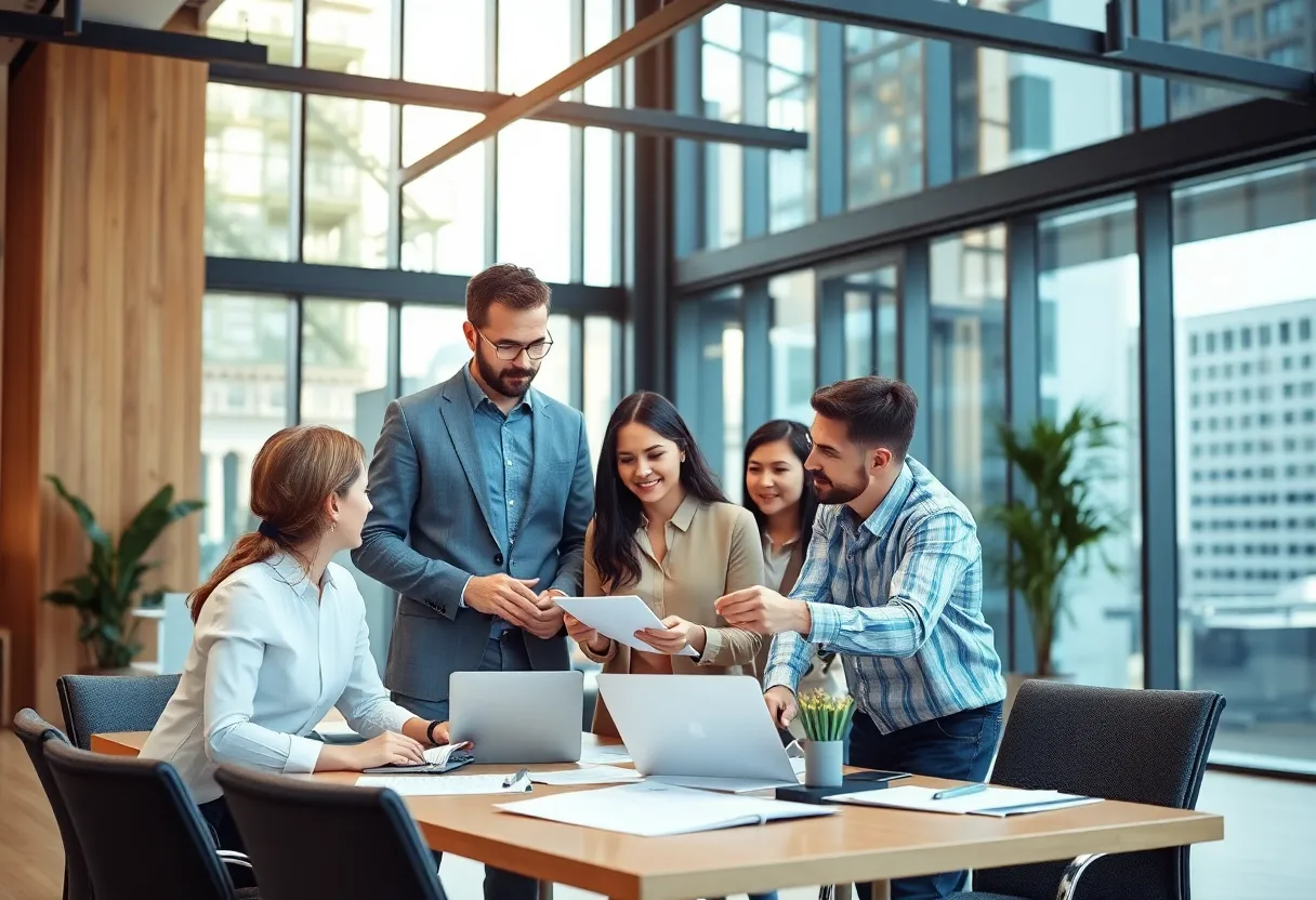 Team meeting at CBRE Jacksonville office focusing on commercial real estate strategies