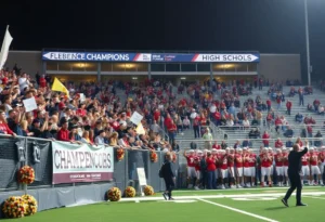 Crowd celebrating at Jackets' Nest Stadium for Thomas County Central's football victory.