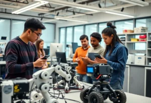 Team of engineers collaborating on robotics development in a high-tech lab.