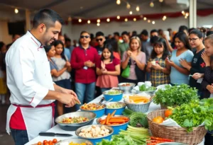 Chef leading a live cooking demonstration with an engaged audience.