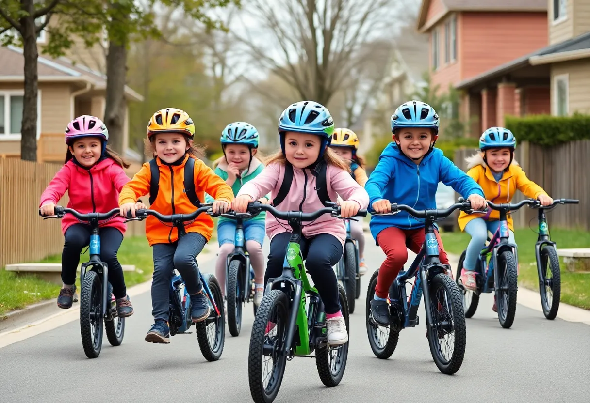 Children on e-bikes wearing helmets and bright clothing in Jacksonville