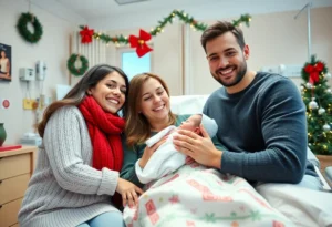 A family celebrating the birth of their newborn at Baptist Health on Christmas Day.