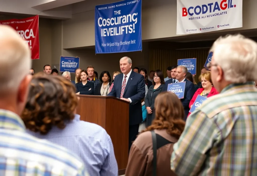 Chuck Todd speaking at a political event in Jupiter, Florida with attendees in the audience.