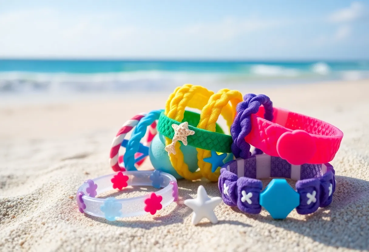 Colorful wristbands inspired by coastal themes on the beach