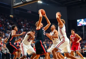 College basketball players competing on the court