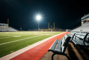 Empty college football bench under stadium lights