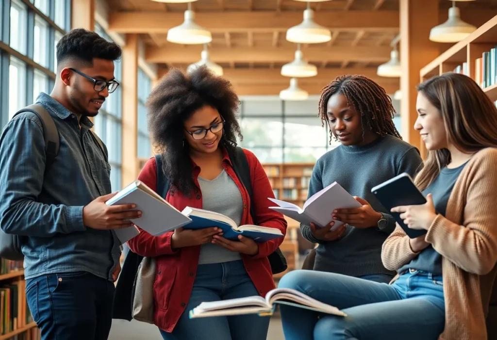 A diverse group of college students engaged in a study session in a library.