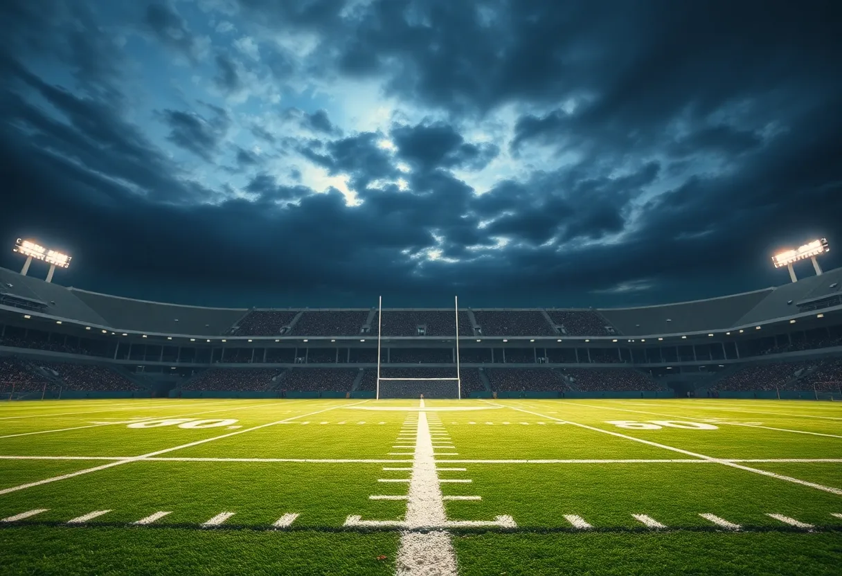 A football field in Indianapolis during a game at night.