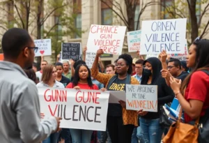 A community rally advocating for gun control measures with banners and individuals engaging in discussion.