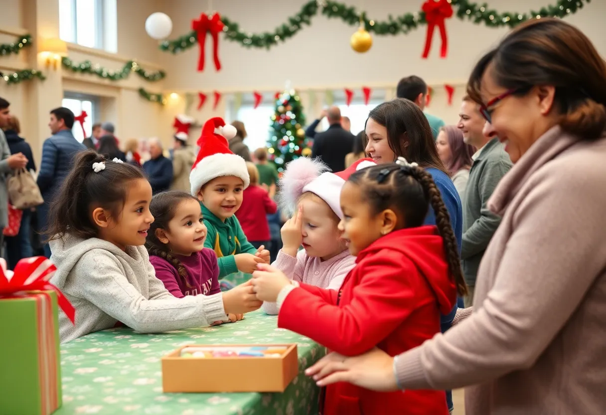 Families enjoying the Community Christmas Party in Jacksonville with games and festive decor.