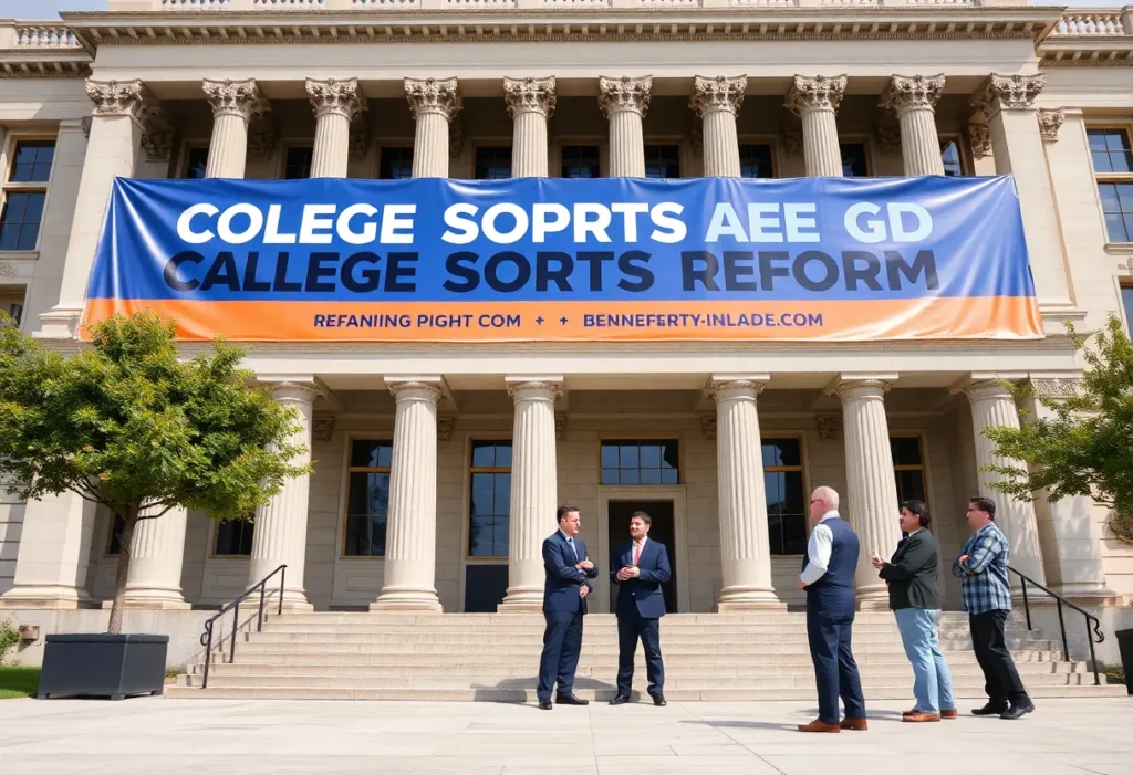 Representatives discussing the SCORE Act in front of a legislative building