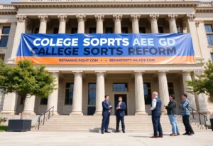 Representatives discussing the SCORE Act in front of a legislative building