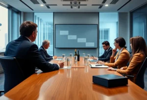 An image depicting a corporate boardroom with people discussing merger and acquisition strategies.