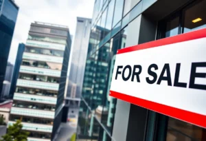 A corporate office building with a 'For Sale' sign representing mergers and acquisitions.